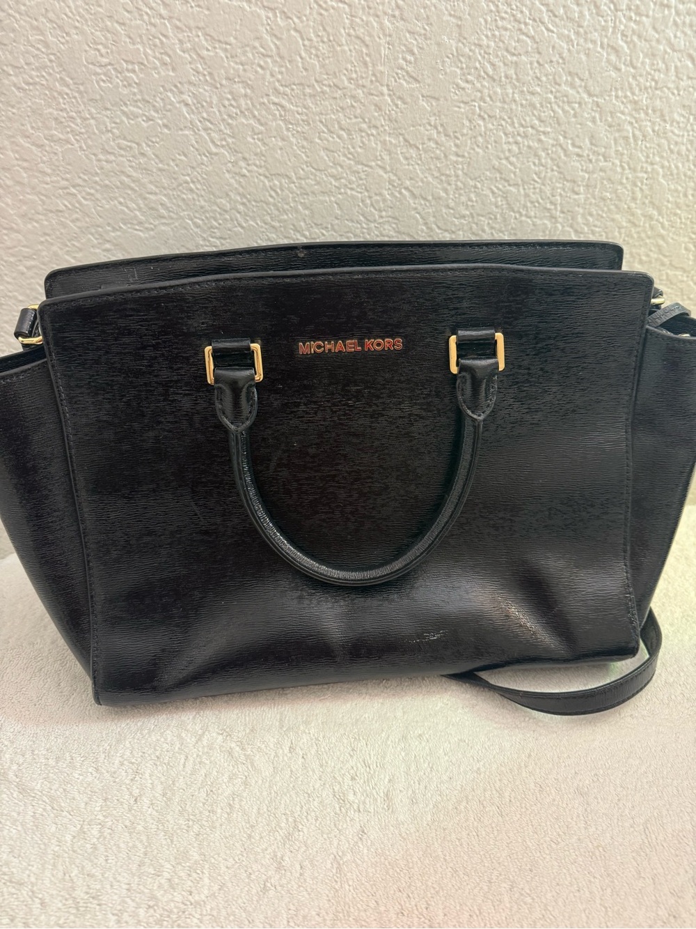 Michael Kors Black Leather Satchel with Gold Hardware